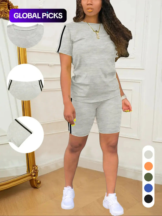 Two-Piece Set Women's Short Sleeve Tee & Shorts, Casual Fitted Round Neck T-shirt & Skinny Shorts, Ladies Summer Clothes, Summer Knit Set, Womenswear