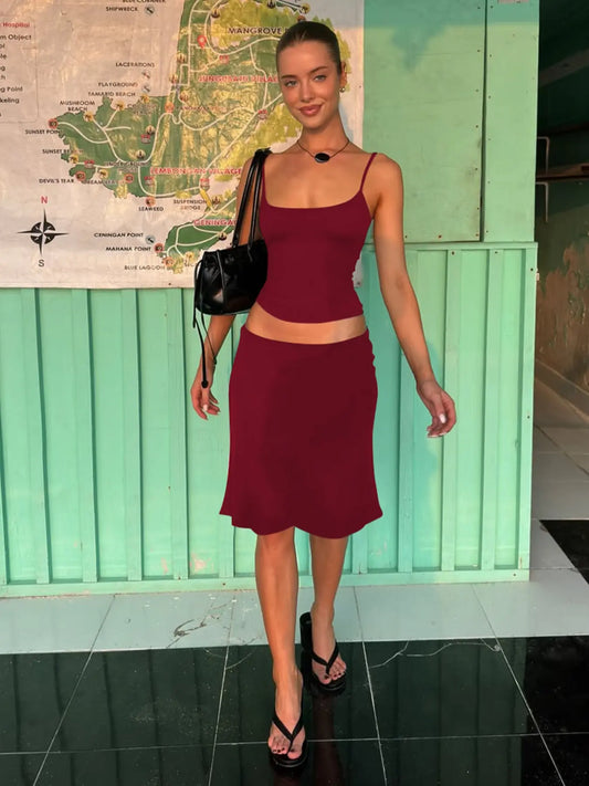 Women's Two-Piece Basic Solid Color Sleeveless Spaghetti Strap Short Cami Top & Skirt Set, Plain Backless Adjustable Strap Outfit for Party, Club and Date, Summer Clothes