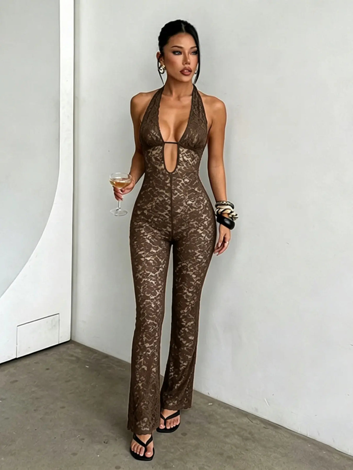 Lace Halter Jumpsuit, Chic Elegant One-Piece, Perfect for Parties & Events, Comfortable Fit, Stylish Design, Elegance, Women's Fashion, Womenswear