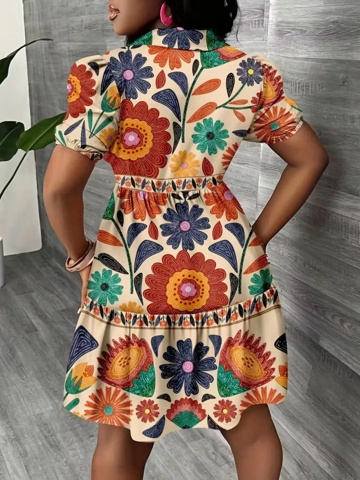 Women's Boho Style Colorful Print Dress, Short Sleeve Button Design Layered Dress, Knee Length, Loose-Fit, Beach Vacation Casual Wear, Bohemian Style Sundresses