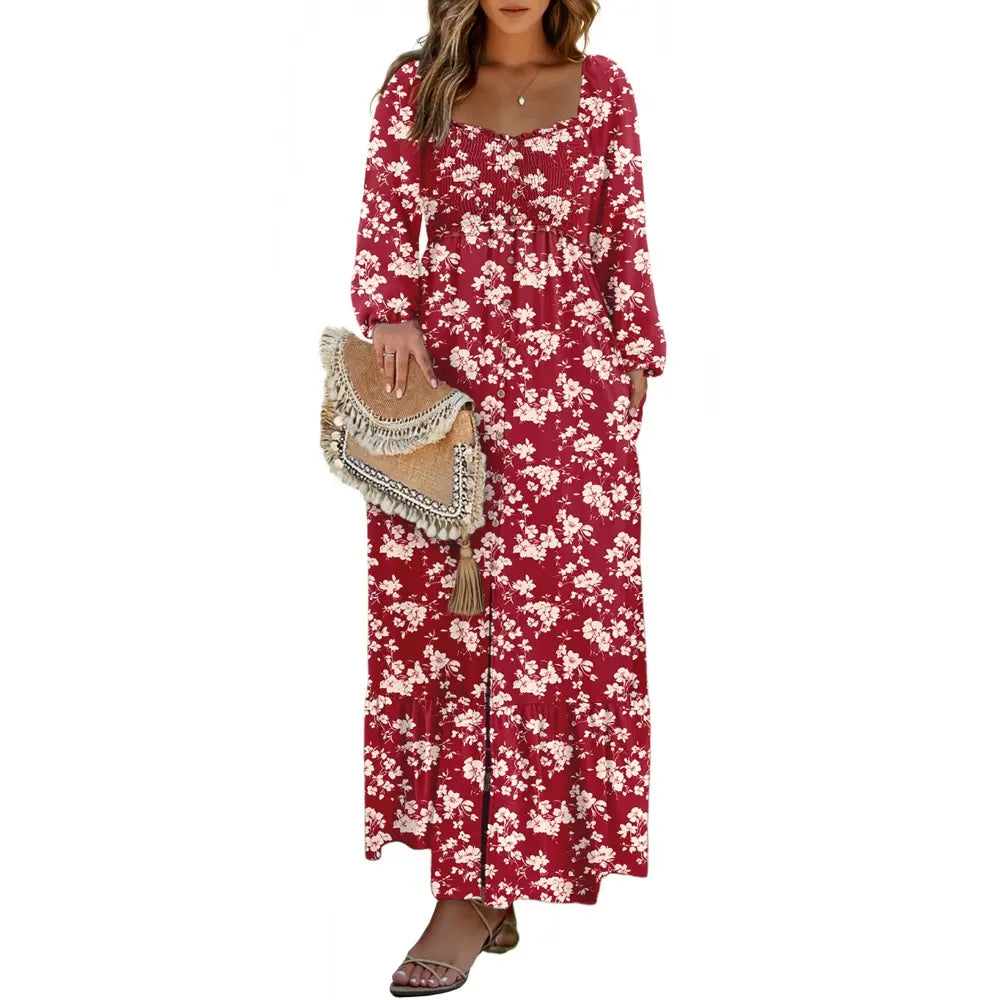 Dokotoo Womens Dresses Boho Floral Smocked Empire Waist Square Neck Long Sleeve Button Maxi Dress Beach Vacation Sundresses