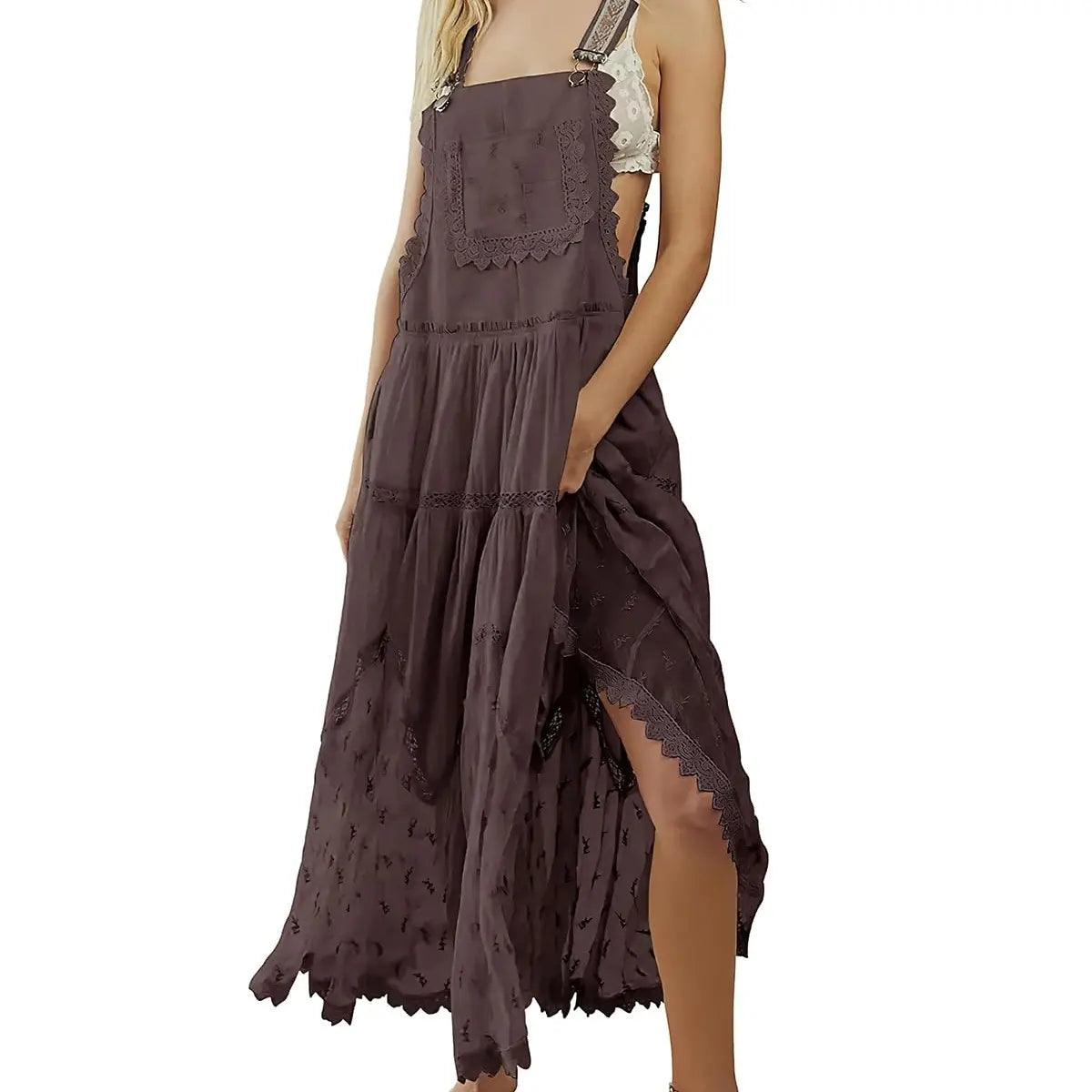 CHOUYATOU Women's Bib Pinafore Jumper, Vintage Style with Embroidered Lace and Mesh Tulle Hem, Loose Fit Ankle-Length with Adjustable Straps, Polyester, Breathable, Lightweight, Casual Wear, Flared, Fabric, Pocket, Basic, Bohemian, Beachwear, Fashion Appa