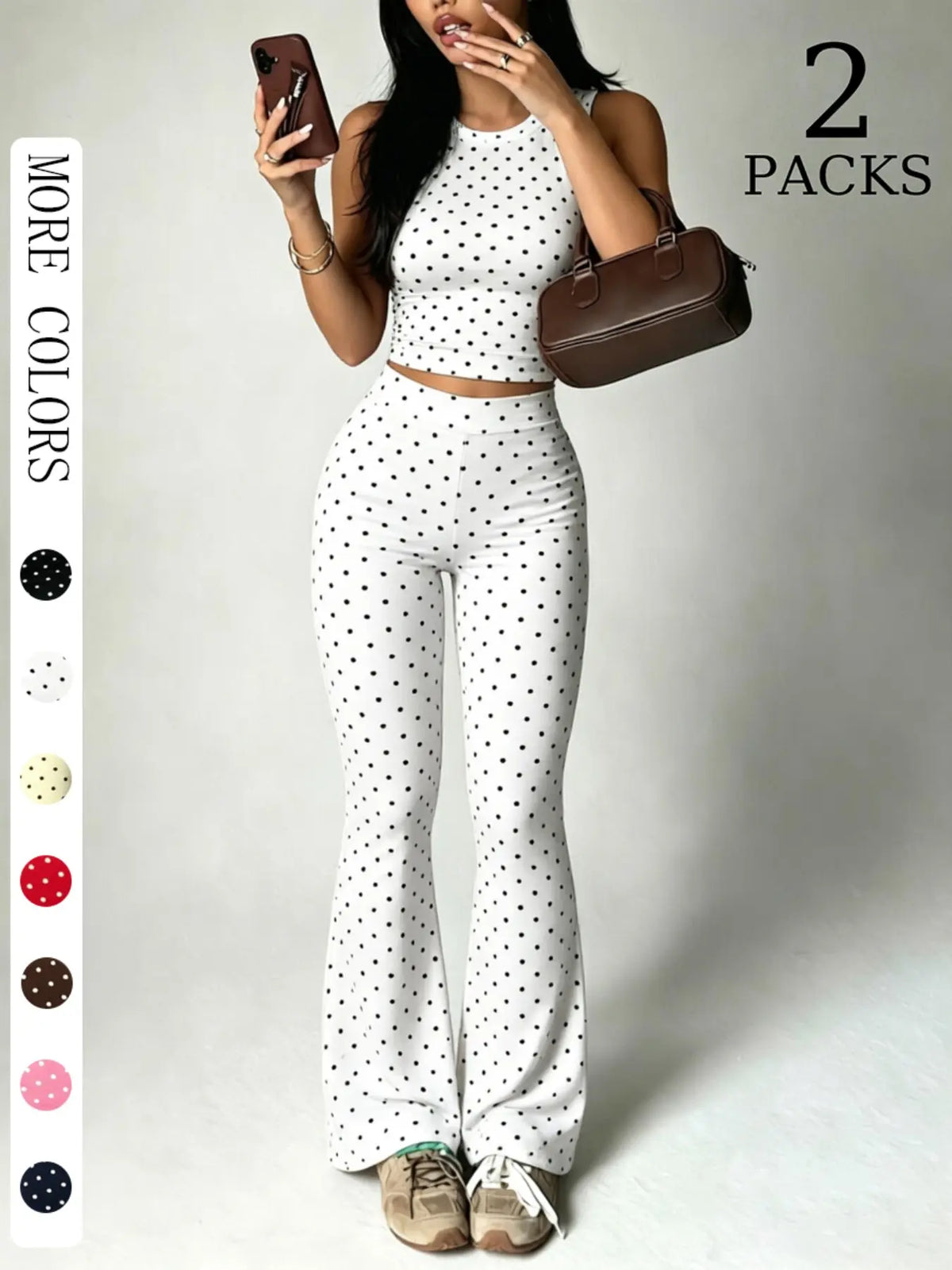 2 Pack Women Polka Dot 2 Piece Outfits, Sleeveless High Neck Crop Top and Flare Leggings Set, Seamless Bodycon Bell Bottom Pants, Trendy Summer Streetwear Outfits, Slim Fit Casual Loungewear for Daily Wear & Going Out Clothes
