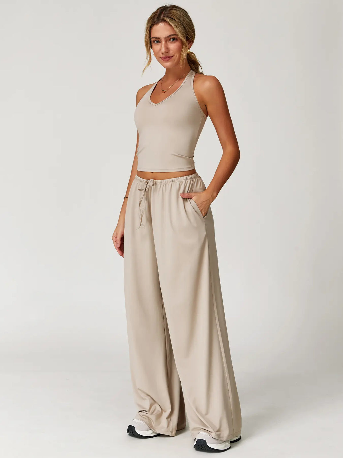 Nvwaurban Women's 2-Piece Fitted Athleisure Outfits, Summer Ribbed Fabric Set with V-Neck Strappy Open-Back Top & Wide Leg Pants, Breathable Everyday Active Lounge Wear for Gym & Travel, Sports Clothing Set for Back to School