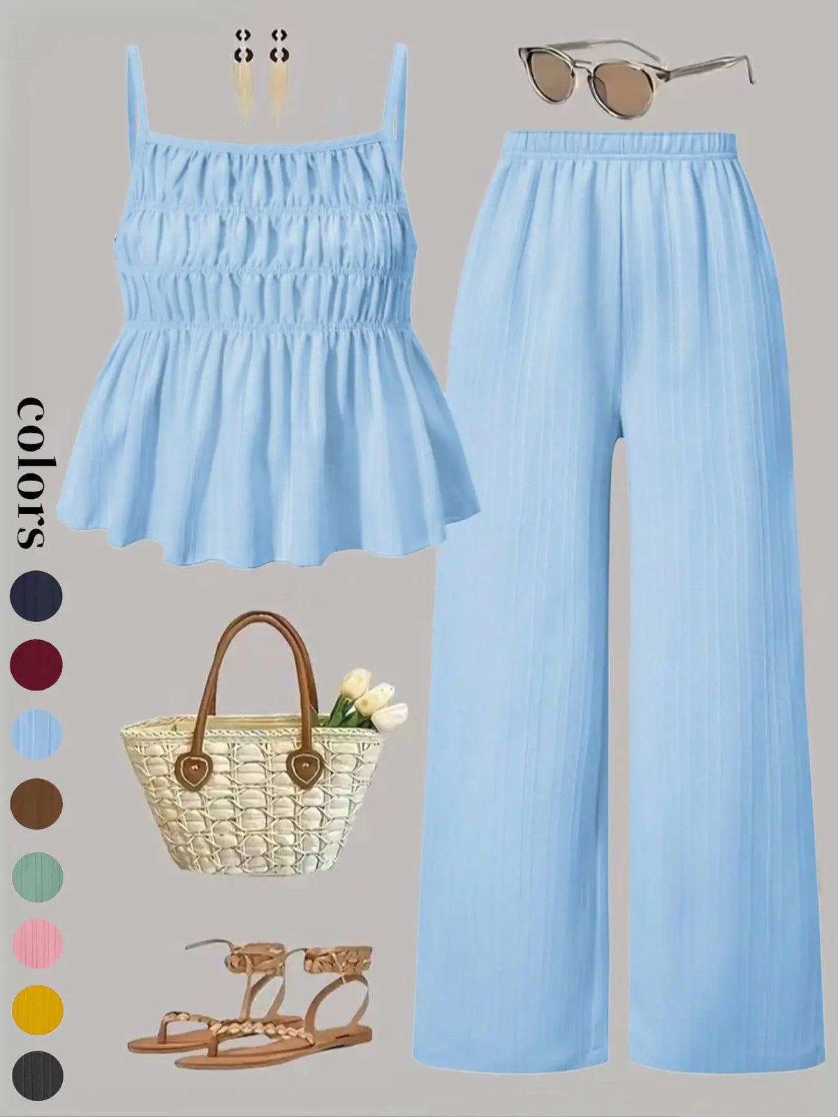 Two-Piece Set Women's Solid Color Cami Top & Wide Leg Pants Set, Street Fashion Casual Everyday Set Outfits for Daily Outdoor Wear, Ladies Clothes for All Seasons