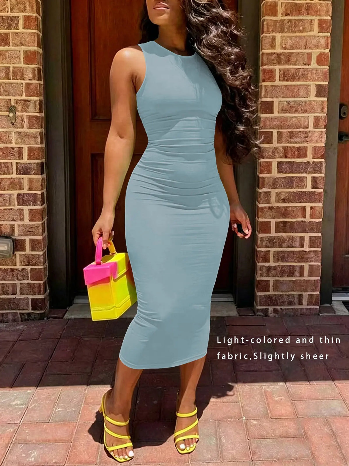 European Women's Spring Summer Fashion Casual Comfy Classy Plain Midi Dress, Sleeveless Slim-Fitting Basic Dress, No Pockets, Versatile