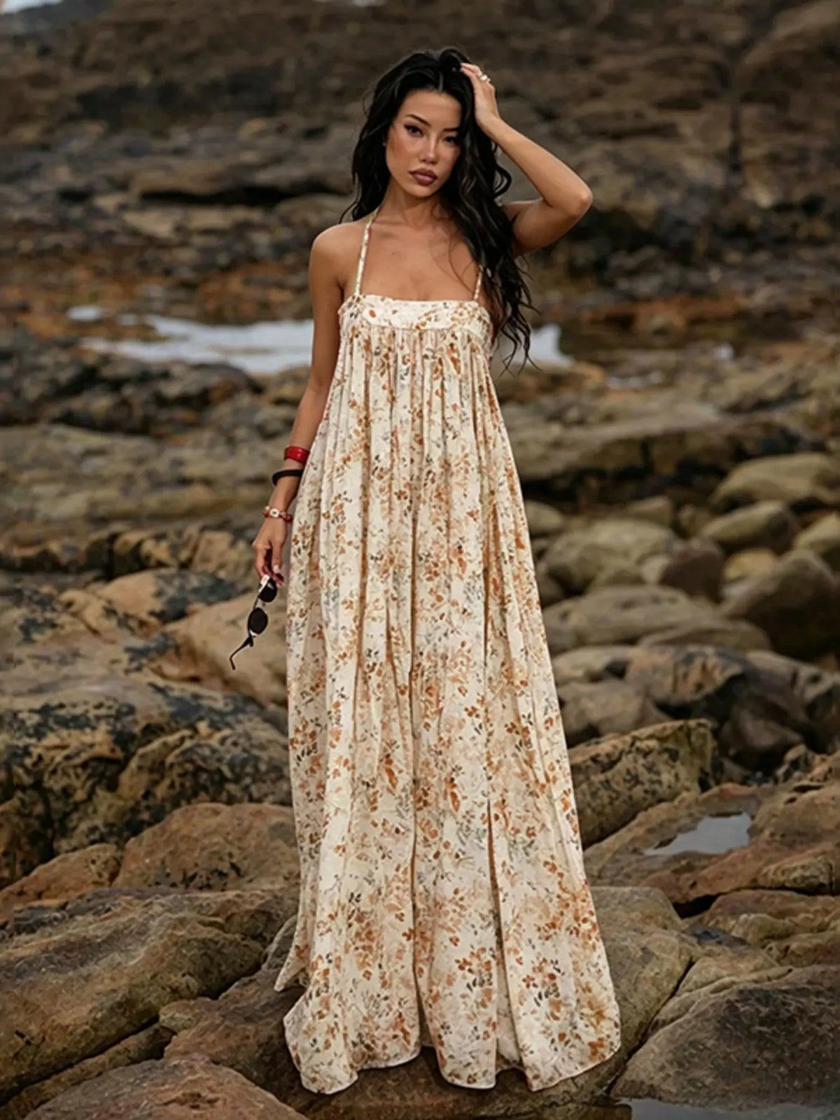 Women's Four-Season Loose-Fit Long Dress, Ditsy Floral Print Style, Ideal for Daily Wear and Vacation, Comfortable and Stylish, Floral Print Dresses