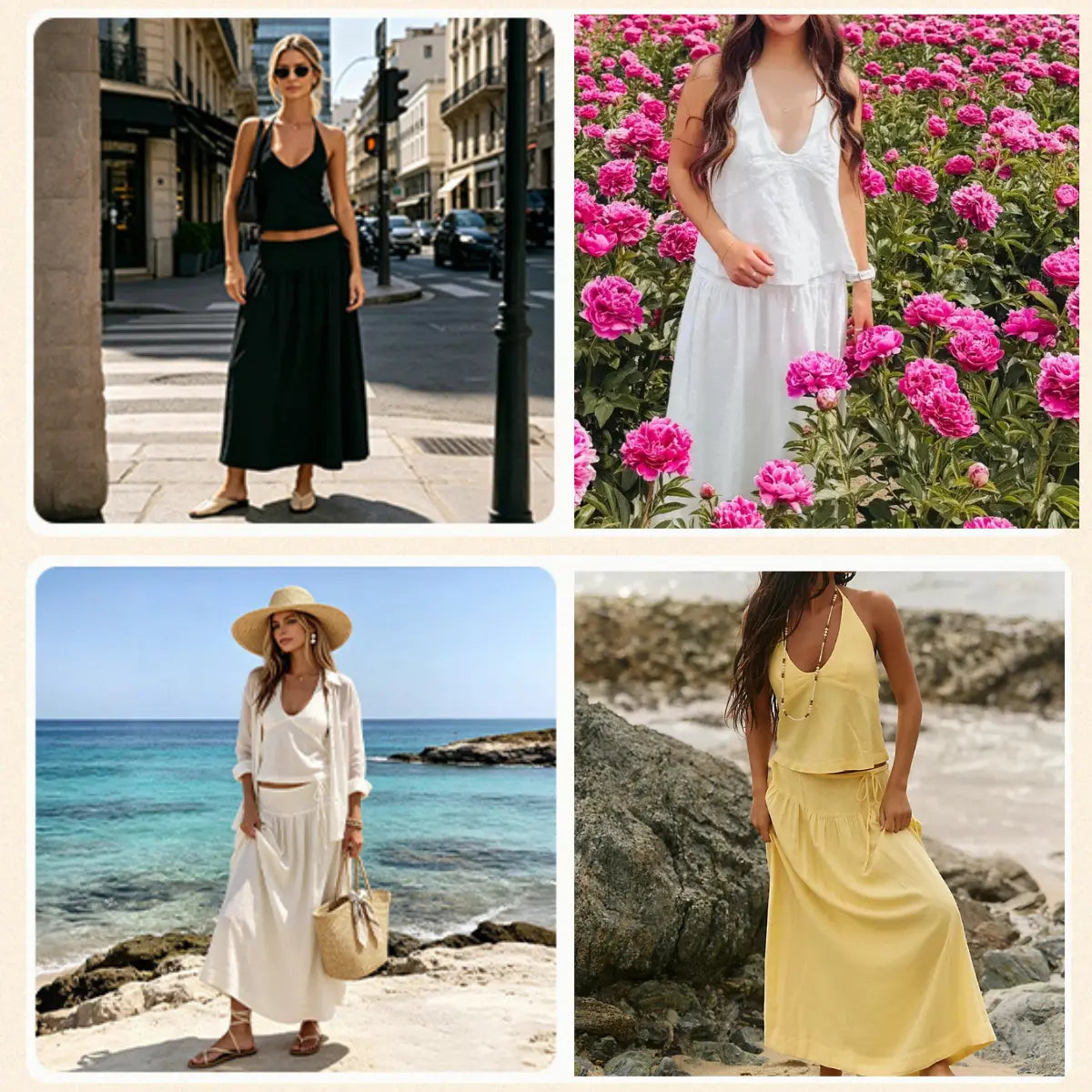 YeeZaa 2 Piece Linen Skirt Set for Women 85%Cotton & 15%Linen Summer Outfits Sandshell Linen Skirt Set Sleeveless Halter Open Back Top Maxi Skirt Two Piece Sets with Pockets Cotton Blend Resort Vacation Casual Beach Travel Wear