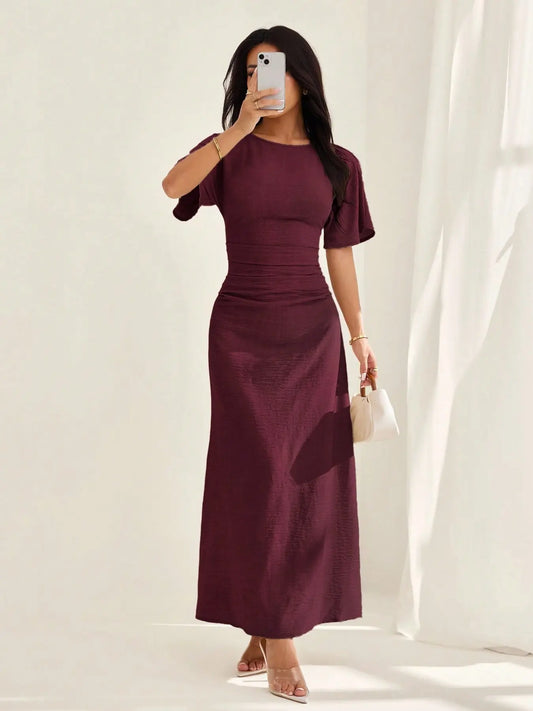 Women's Elegant Casual Summer Short Bodycon Plain Ruched Round Neck Dress, Lady, Solid Pattern, No Ca Prop 65, Stylish Design, Perfect for Warm Weather, Comfortable & Chic, Womenswear