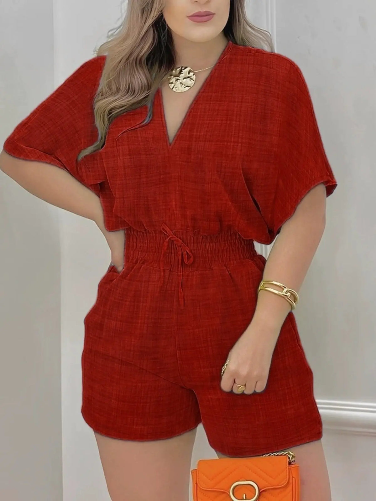 Women's Plain Drawstring Shirred Waist V Neck Romper, Casual Half Sleeve Zipper Back High Waist Romper for Summer, Fashion Women's Clothing for Daily Wear, Casual Rompers