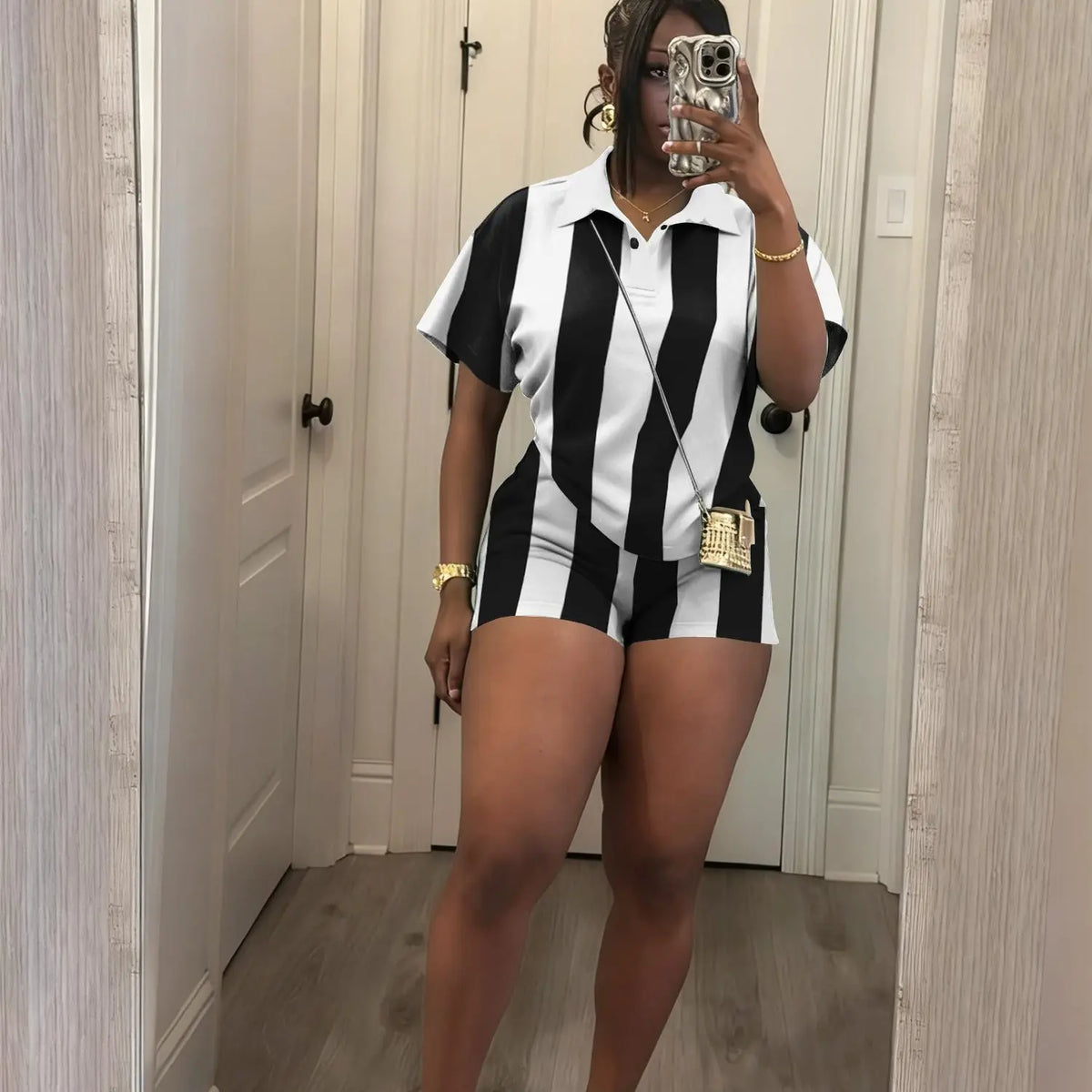 USBOUTIQUE CHIC Women's 2026 Spring Two Piece Set Striped Short Sleeve Top & Drawstring Shorts Casual Outfit for Comfort