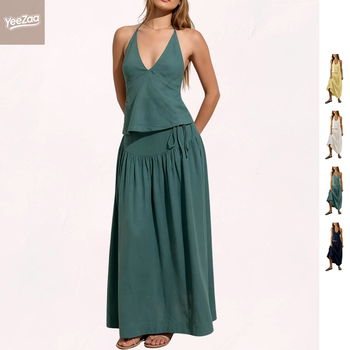 YeeZaa 2 Piece Linen Skirt Set for Women 85%Cotton & 15%Linen Summer Outfits Sandshell Linen Skirt Set Sleeveless Halter Open Back Top Maxi Skirt Two Piece Sets with Pockets Cotton Blend Resort Vacation Casual Beach Travel Wear