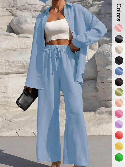 Women's Solid Button Front Shirt & Tie Front Wide Leg Pants Two-piece Set, Casual Drop Shoulder Long Sleeve Top & Trousers 2 Piece Set for Spring & Fall, Women's Clothes for Daily Wear, Casual Outfits Women, Casual Everyday Set