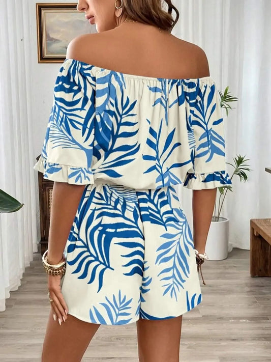 Women's Tropical Print Off-Shoulder Lightweight Romper, Bohemian Style, Ruffled Sleeve & Hem, Cinched Waist, Stylish & Comfortable Summer Wear