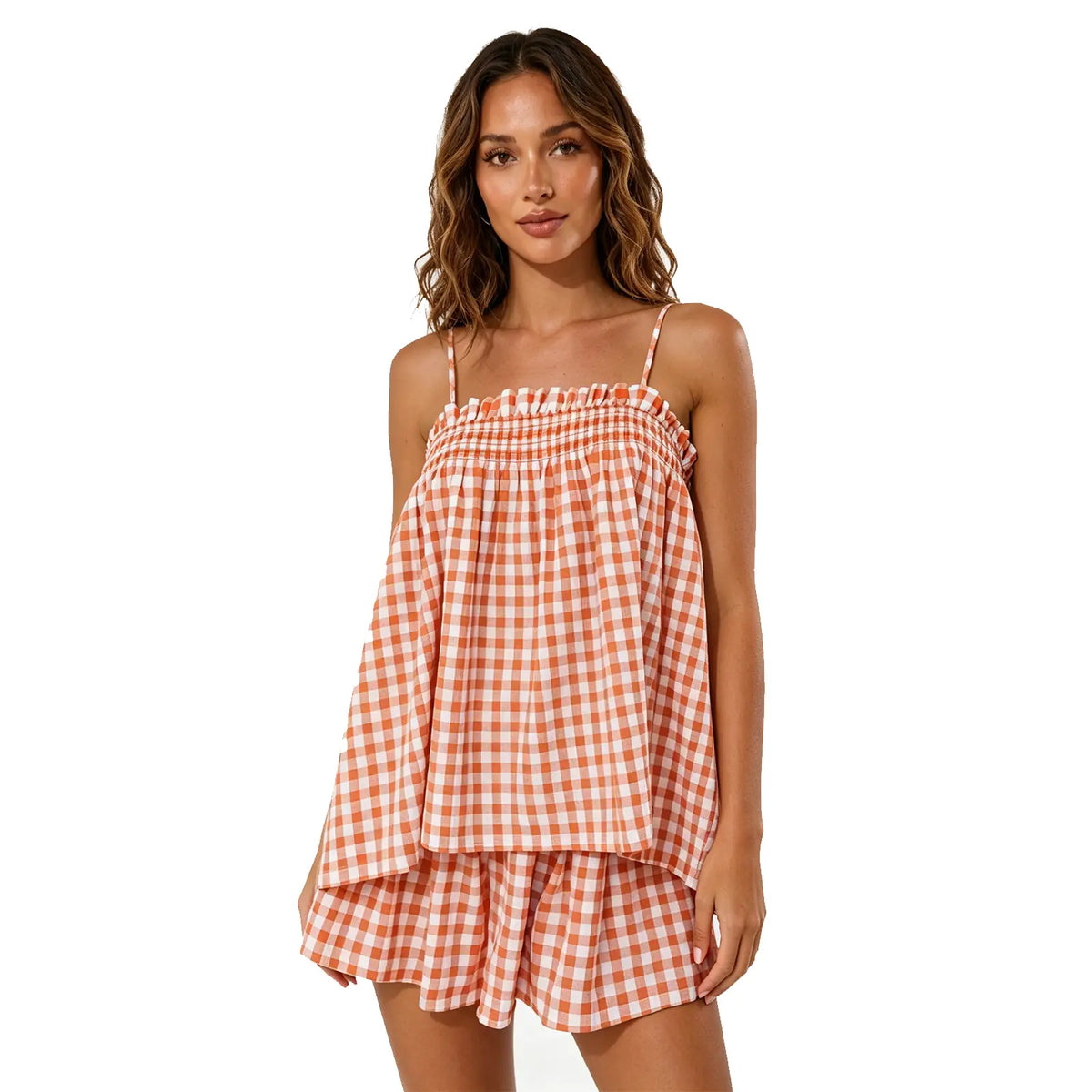 Women's 2 Piece Lounge Outfits Sleeveless Plaid Cami Tank Tops Wide Leg Shorts Sets