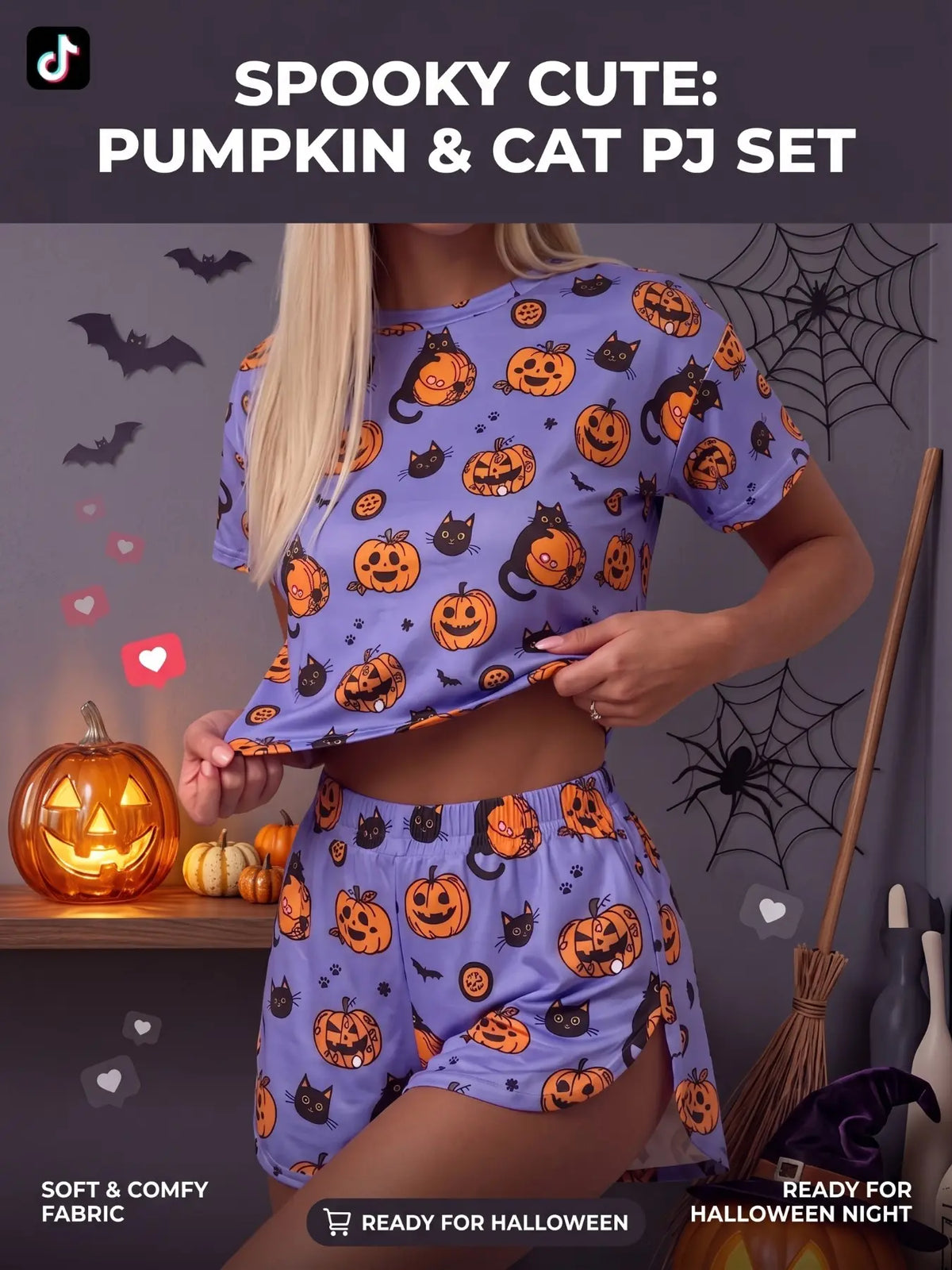 Halloween Summer Women's 2-Piece Set with Pumpkin Ghost Print: Casual Loose Knit Short-Sleeve Top with Midriff Reveal and Side-Slit Shorts; Stylish loungewear, suitable for everyday wear, parties, and other occasions.