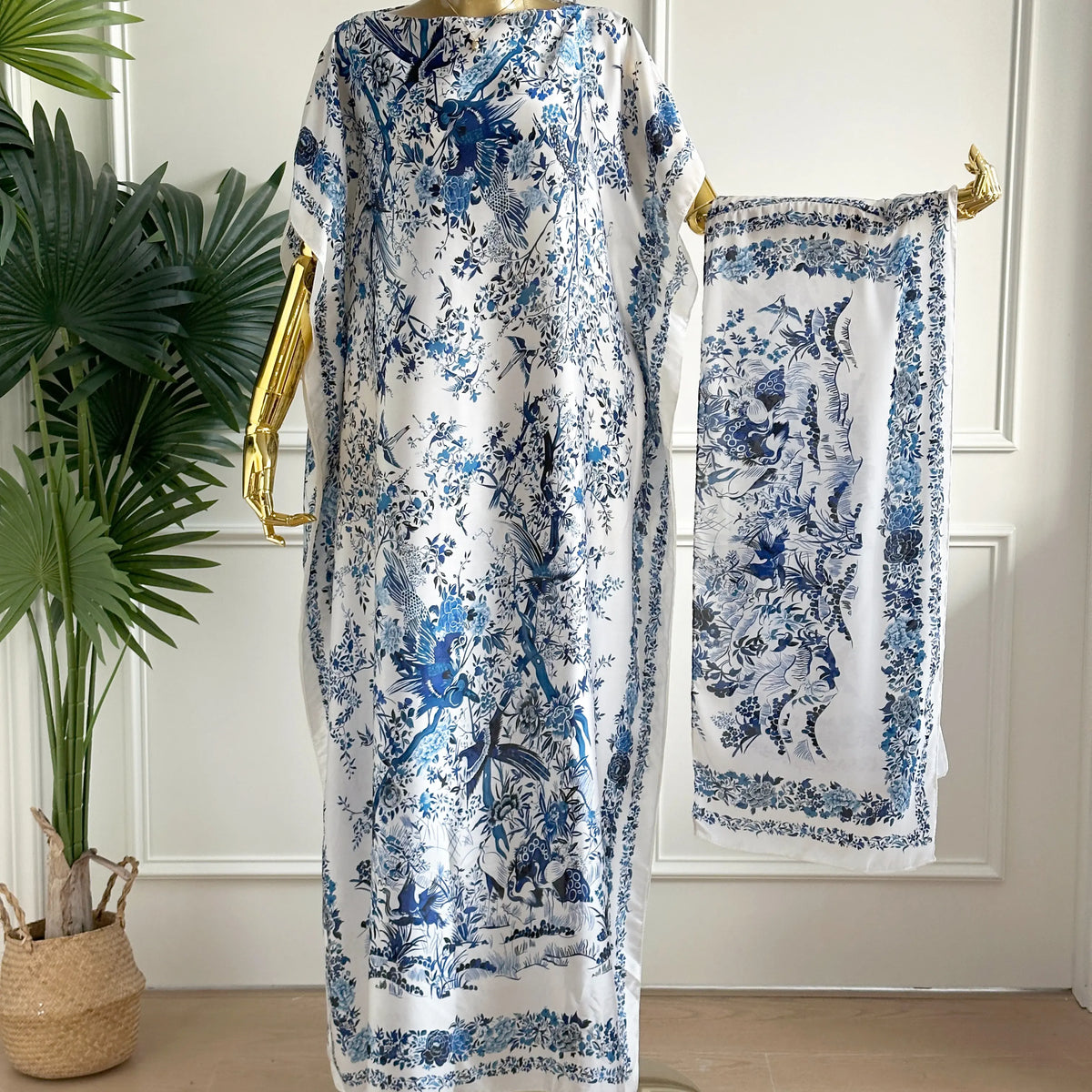 【MOOMOO】Women's Elegant Floral Print Polyester Moo Moo & Matching Scarf Set - Multicolor, Lightweight Boho Loose-Cut Cape Cover Up, Female Swimwear Accessory, 2-Scenario Use (Beach, Loungewear), All Seasons Casual, Fabric Style 03, Sohochic