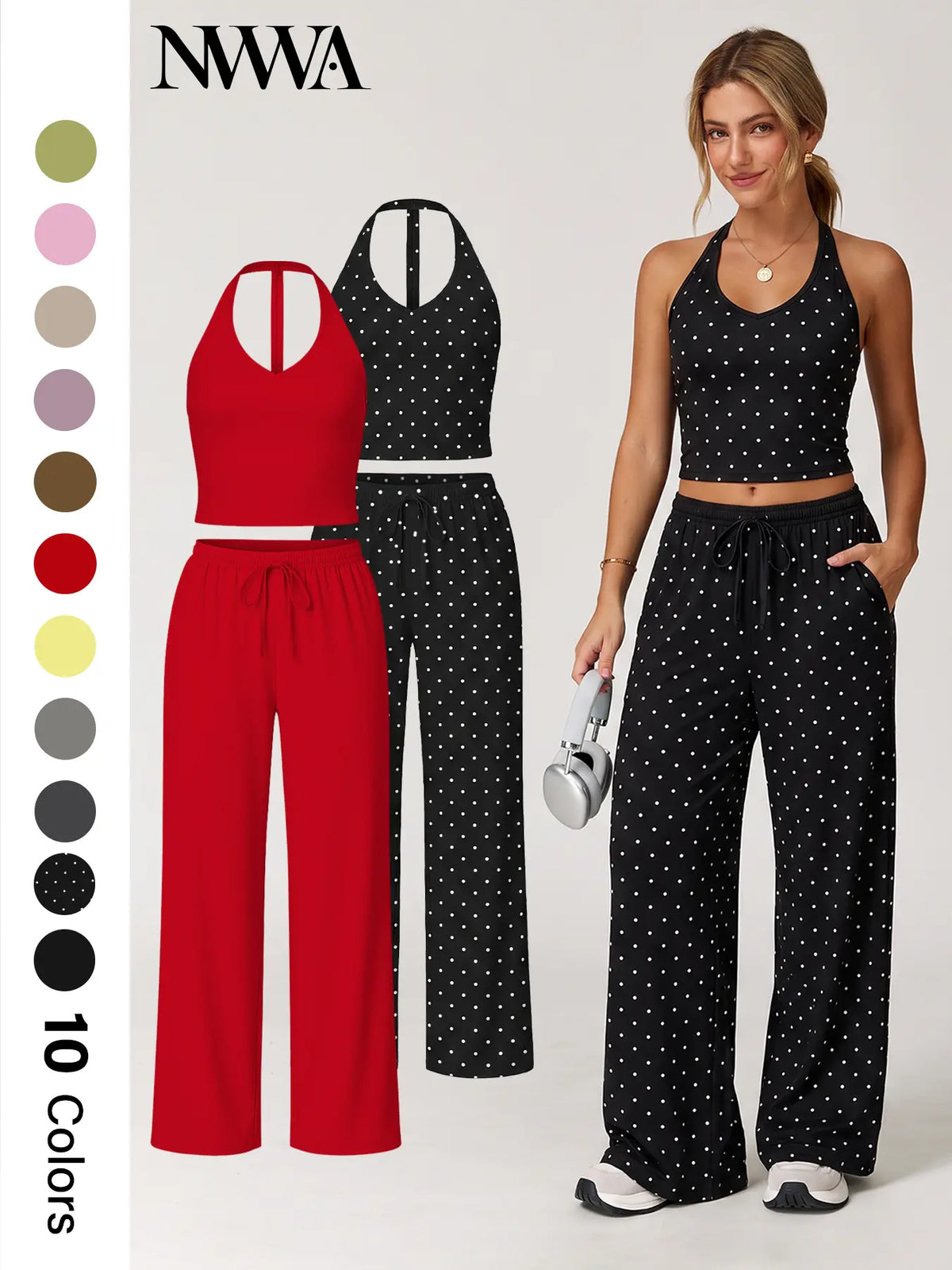 Nvwaurban Women's 2-Piece Fitted Athleisure Outfits, Summer Ribbed Fabric Set with V-Neck Strappy Open-Back Top & Wide Leg Pants, Breathable Everyday Active Lounge Wear for Gym & Travel, Sports Clothing Set for Back to School