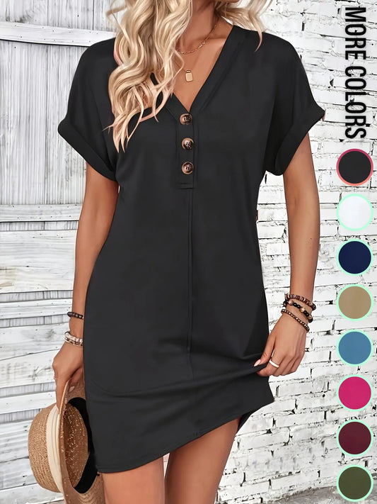 Women's Plain Button V Neck Tee Dress, Casual Short Sleeve Batwing Sleeve Short Dress for Summer, Fashion Women's Dress, Minimalist