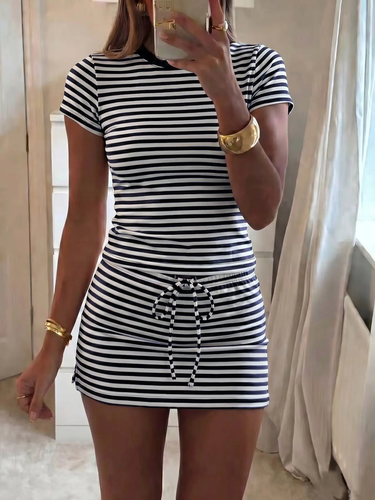 Soft Stretch Striped Casual Two-Piece Set, Slim Fit Short Round Neck T-Shirt & High Waist Adjustable Drawstring Skirt, Versatile Home & Skirt and top set