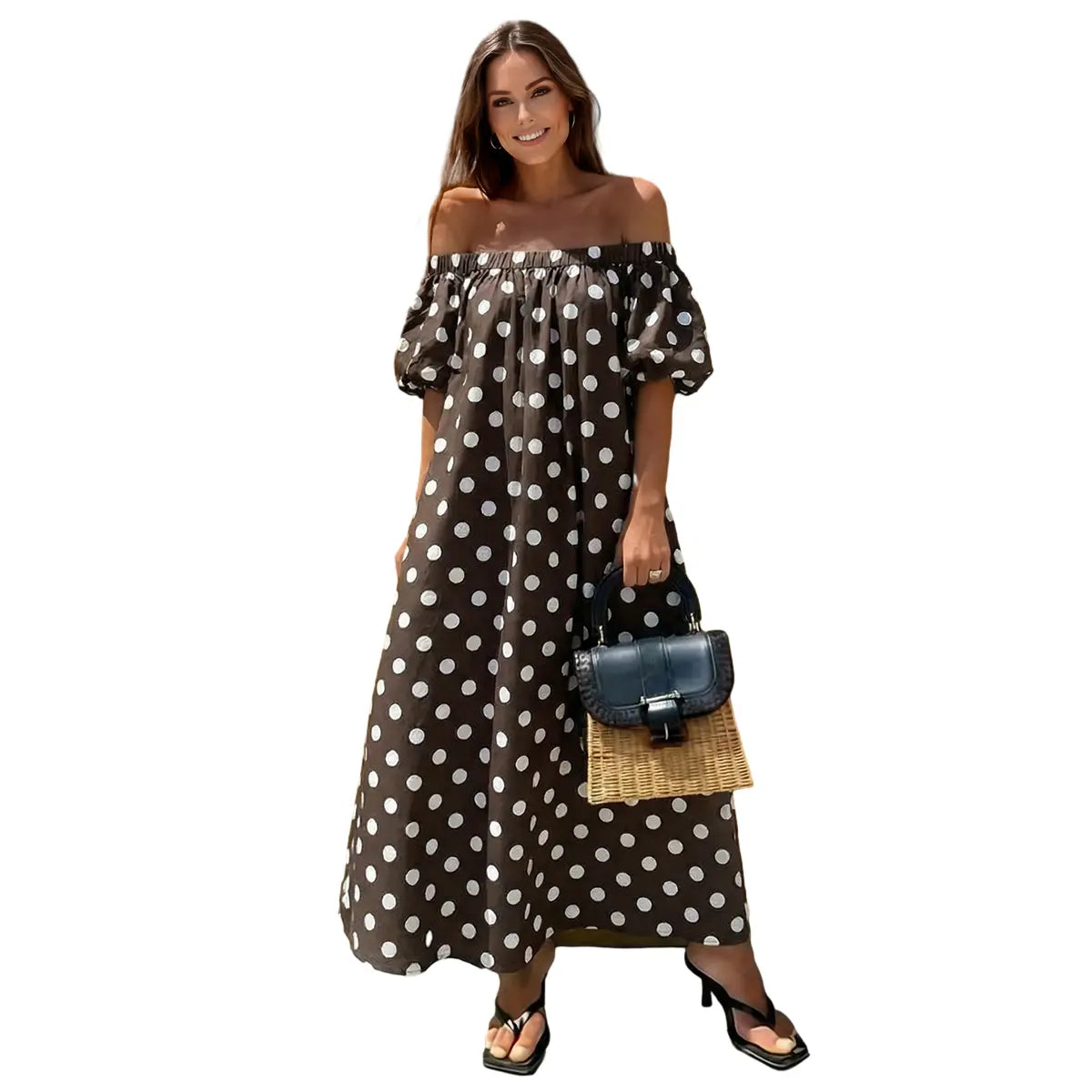 Florboom Women's Off Shoulder  Polka Dot Maxi Dress, Summer Causual Dress with Pockets for Vacation, Parties, and Beach,Summervibes Womenswear