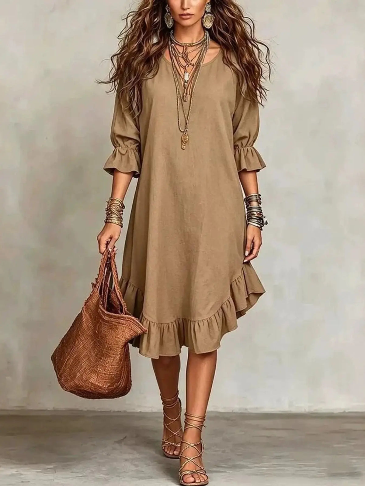 Boho-Style Bohemian Round-Neck Ruffle Three-Quarter-Sleeve Dress, Loose-Fit A-Line Midi Dress, Perfect for Summer Vacation, Chic, Comfortable and Stylish, Boho Style Dresses