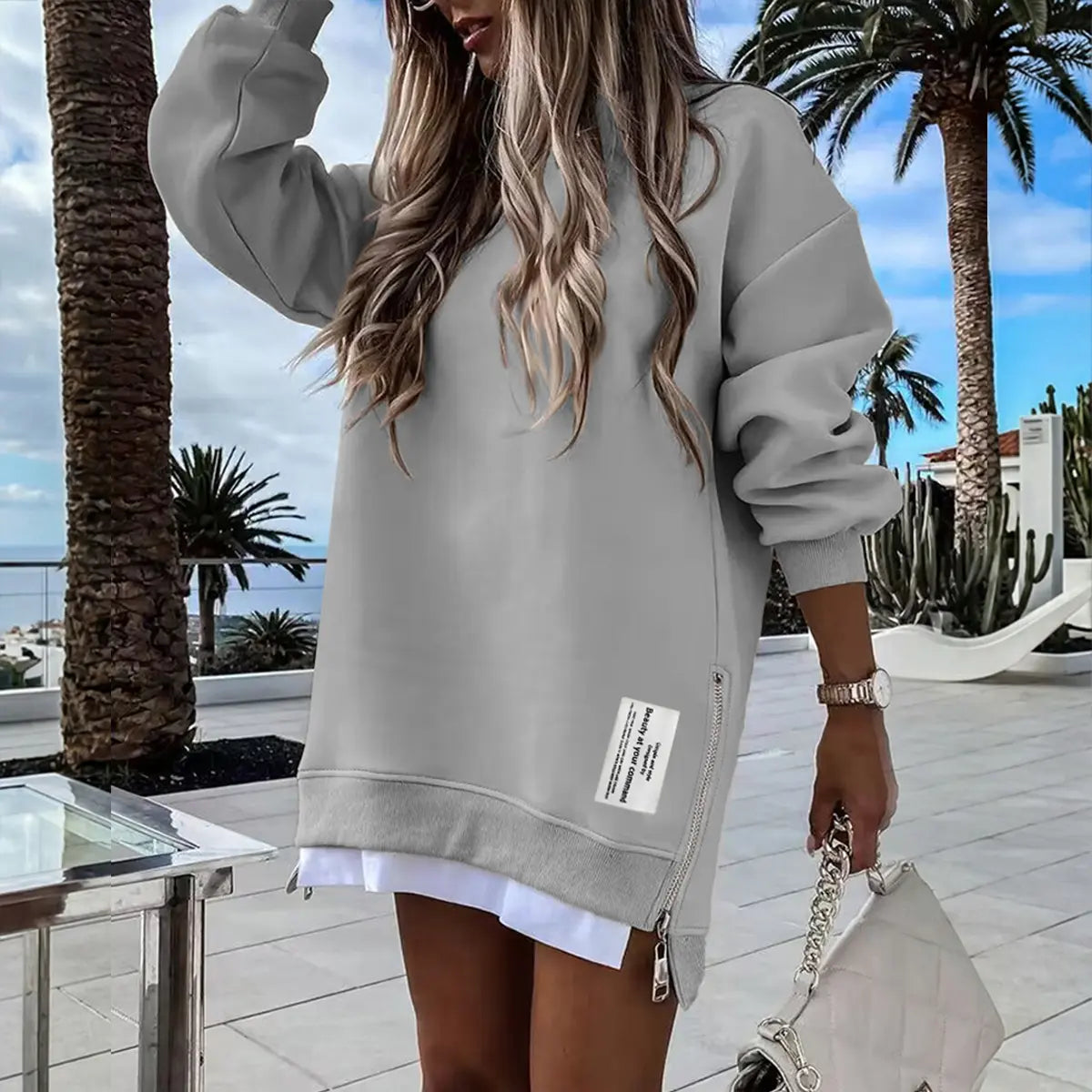 CHICME 2026 Women's Oversized Fall Long Sleeve Pullover Sweatshirt Zipper Slit Casual Dress Drop Shoulder Outfits