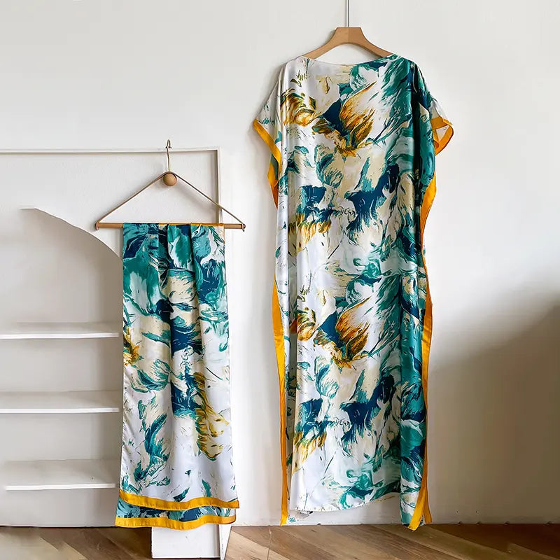 Women's 2-Piece Essential Bohemian Robe Set - Casual Matching Floral Print Long Dress, Headscarf Hairband, Beach Shawl Accessory, All-Season Boho Elegance