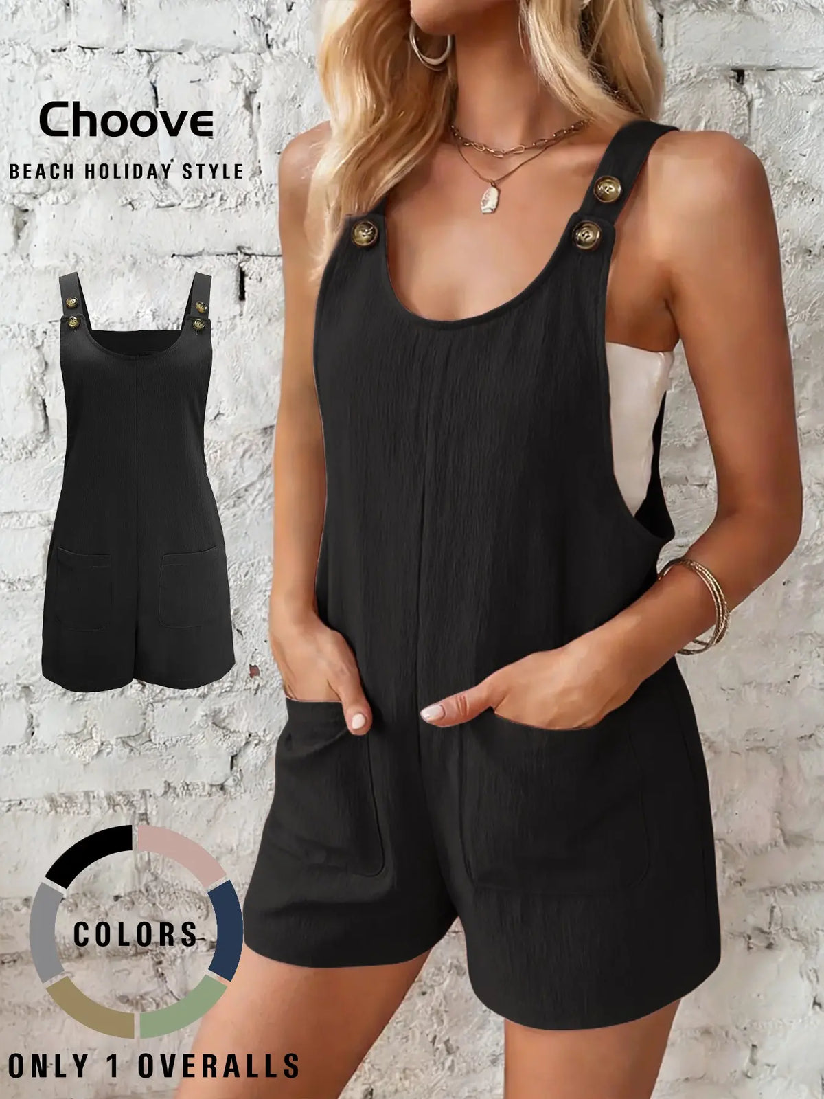 Women's Casual Basic Plain Minimalist Sleeveless Strappy Fashion Casual Overalls with Adjustable Buttons and Two Patch Pockets, Short Fitted Design, Perfect for Daily Wear and Beach Holidays, Womenswear