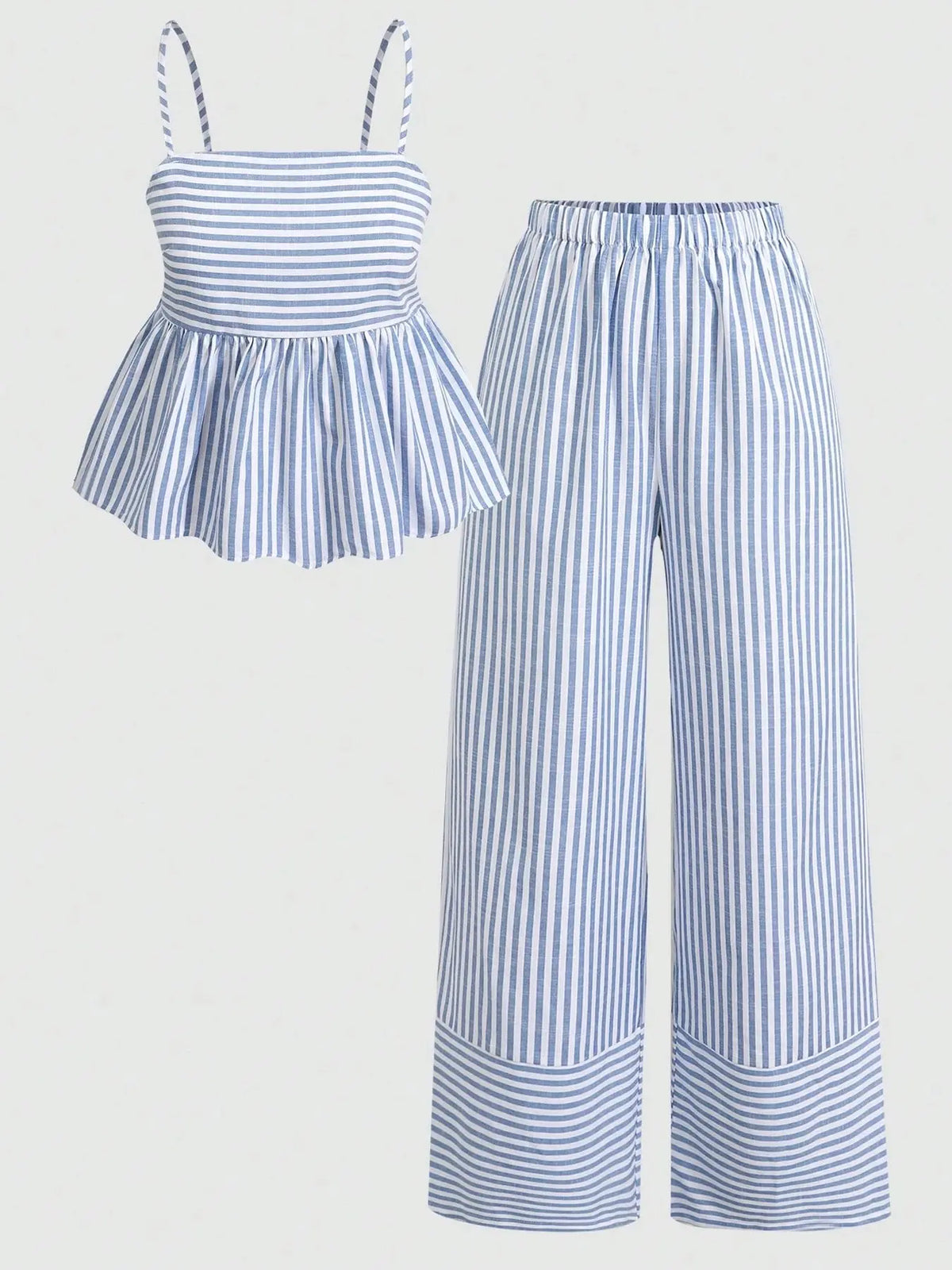 2 Piece Summer Blue Striped Set Tank Top + Wide Leg Pants, Casual Vacation, summer matching sets, College Style Two-Piece Set, Loose-Fitting Pants Set Outfit