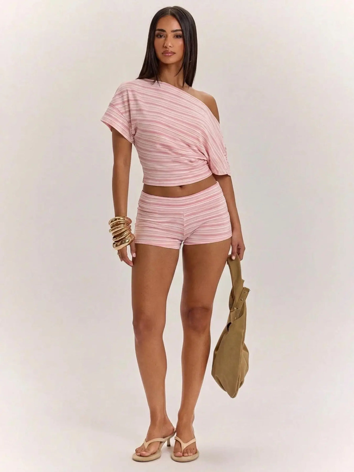 Y2K Striped Off-Shoulder Two-Piece Set for Z Generation Women, Knit Design, Casual Summer, Comfortable Daily Wear, Clothing Sets