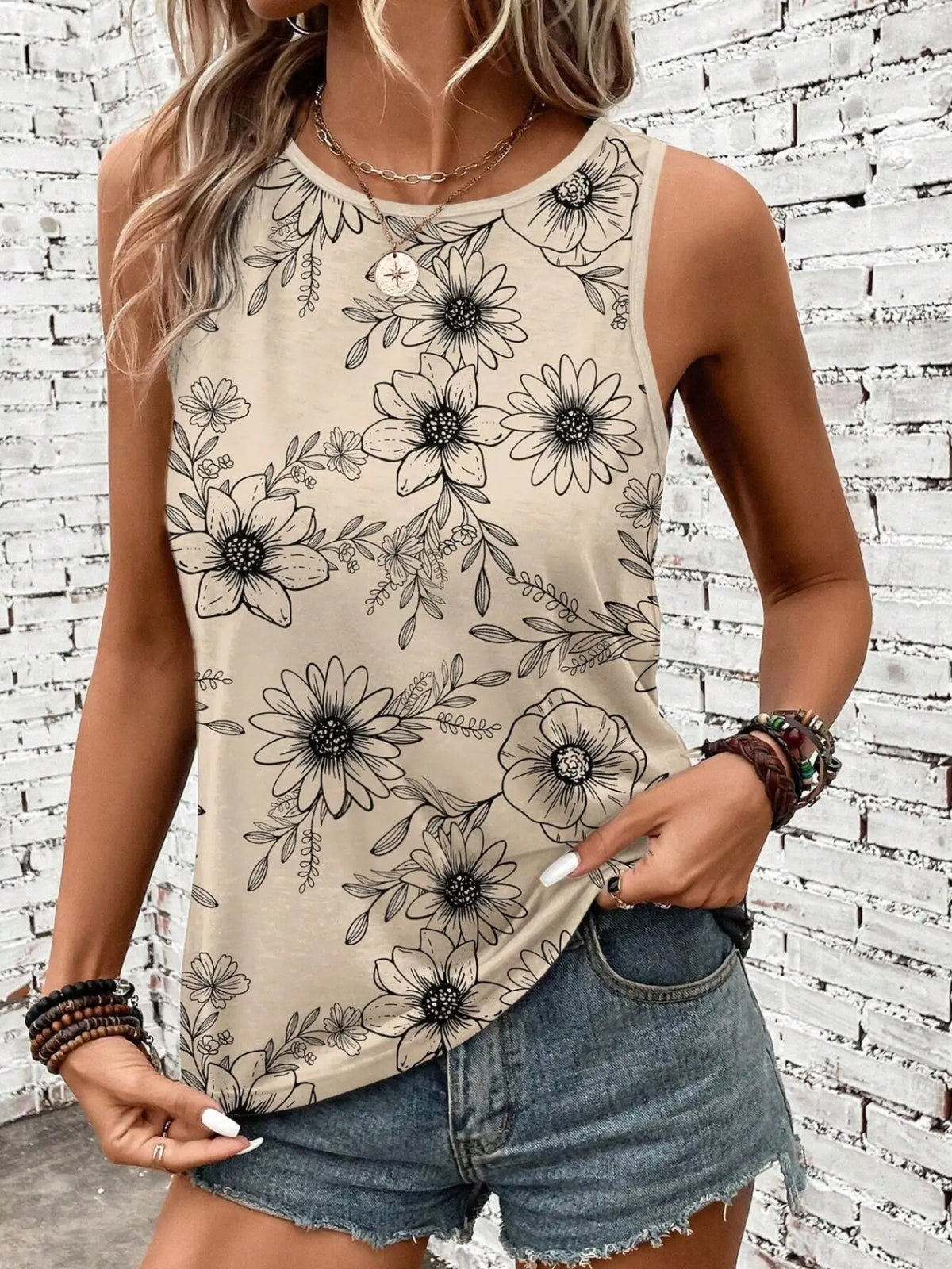 Summer Vacation Floral Print Sleeveless Round Neck Casual Top for Women, Slim-Fitting, All-over Print, Comfortable and Stylish, Boho Chic Sleeveless, Boho Casual Clothes