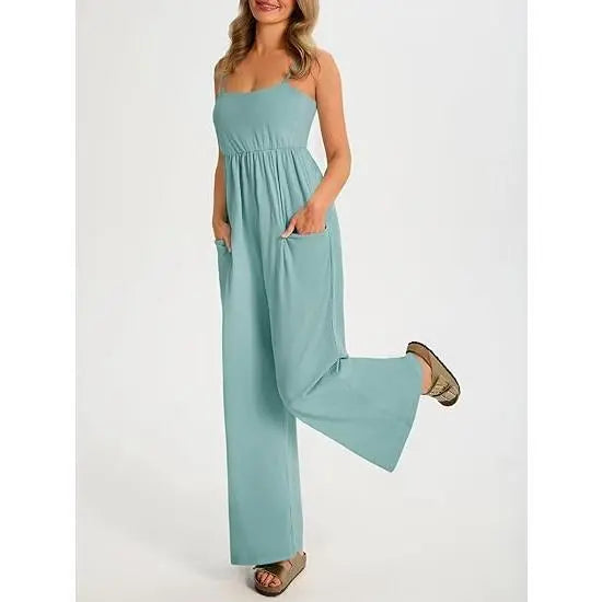 Imily Bela Womens Summer Jumpsuits One Piece Casual Loose Overalls Spaghetti Strap Wide Leg Rompers with Pockets Workout Outfits