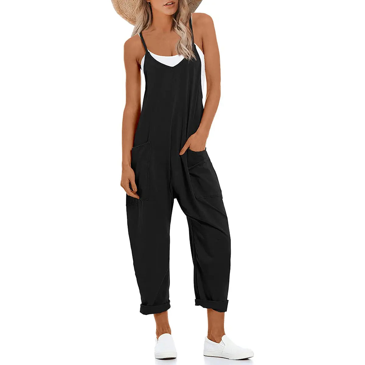 Tanming Lady's Casual Strappy V-Neck Sleeveless Harem Overalls - Stretchy Adjustable Strap Romper with Pockets, Fashion Apparel Clothing for Women, Spring-Summer Statements, Women's Clothes, Clothes For Women