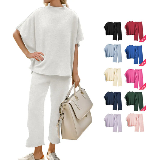 Hixiaohe Women's 2-Piece Casual Trendy Clothing Set - 3/4 Batwing Sleeve Capelet Crew Neck Pullover Top, Wide Leg Pants, Pocket Convenience, Travel-Friendly Sohochic Soft Women's Suits & Sets