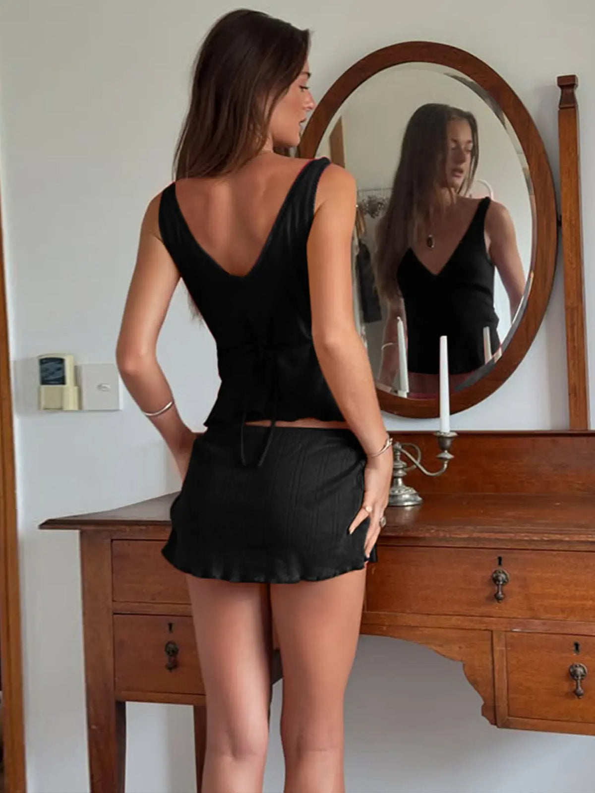 Women's Two-piece Set, Skirt and top set, Solid Color V Neck Lace Trim Tie-back Sleeveless Tank Top & Bodycon Skirt, Ruffles Mini Skirt, Party Date Daily Casual Summer Outfits For Ladies