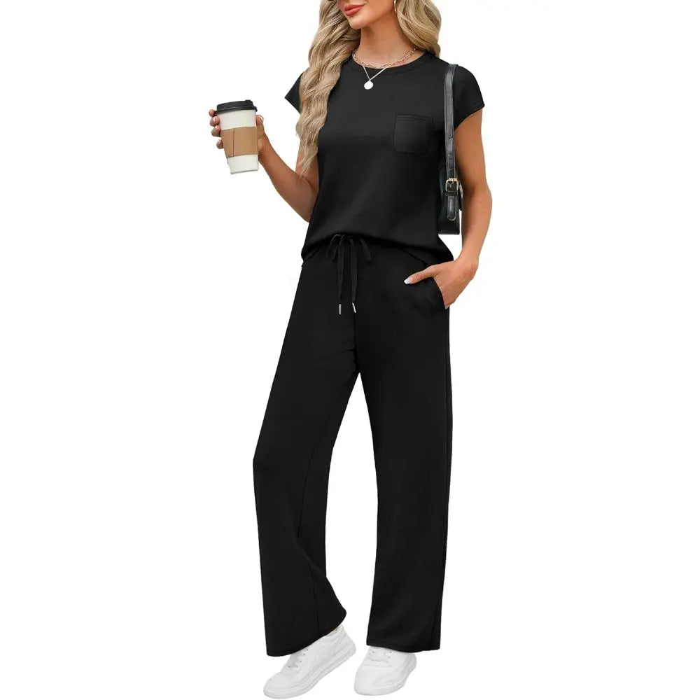 OFEEFAN Womenswear 2 Piece Sets for Women Casual Summer Travel Vacation Outfits Cap Sleeve Lounge Set Chic Crewneck Soft Silky Breathable Clothes