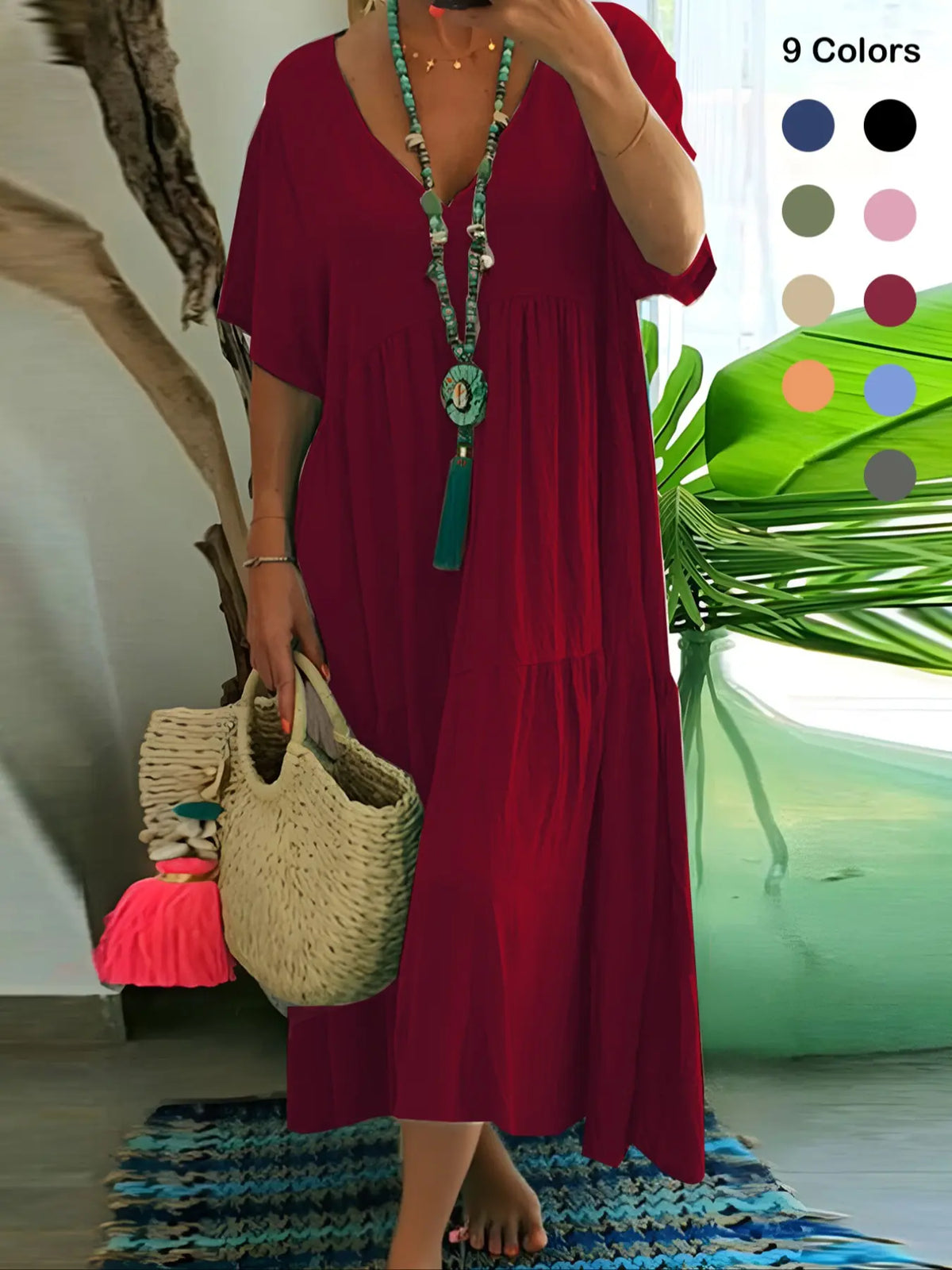 Plus Size Women's Summer Casual Loose V-Neck Plain Long Dress Bohemian Boho Style, Short Sleeve, Tiered Layer, Spring & Fall Fashion