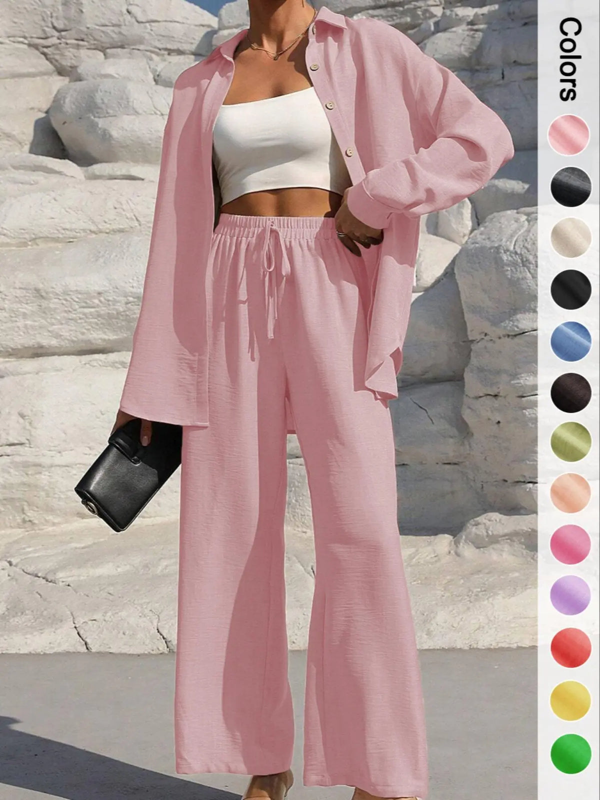 Women's Solid Button Front Shirt & Tie Front Wide Leg Pants Two-piece Set, Casual Drop Shoulder Long Sleeve Top & Trousers 2 Piece Set for Spring & Fall, Women's Clothes for Daily Wear, Casual Outfits Women, Casual Everyday Set