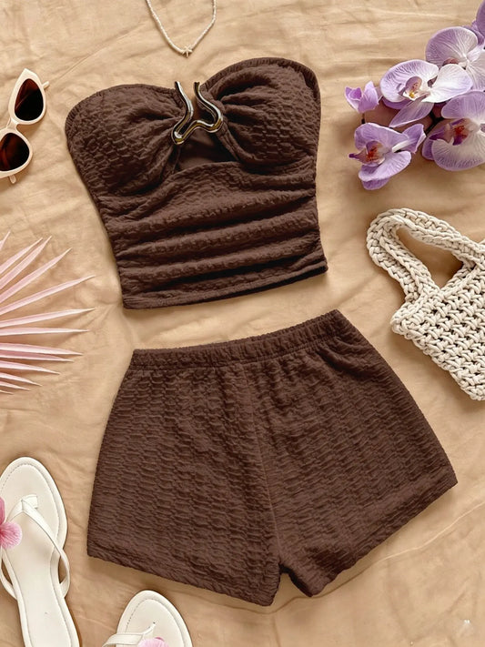 Summer Bohemian Romantic Sleeveless Elastic Knit Crop Top Buckle Two-Piece Short Set, Women's Fashion Casual Vacation Wear