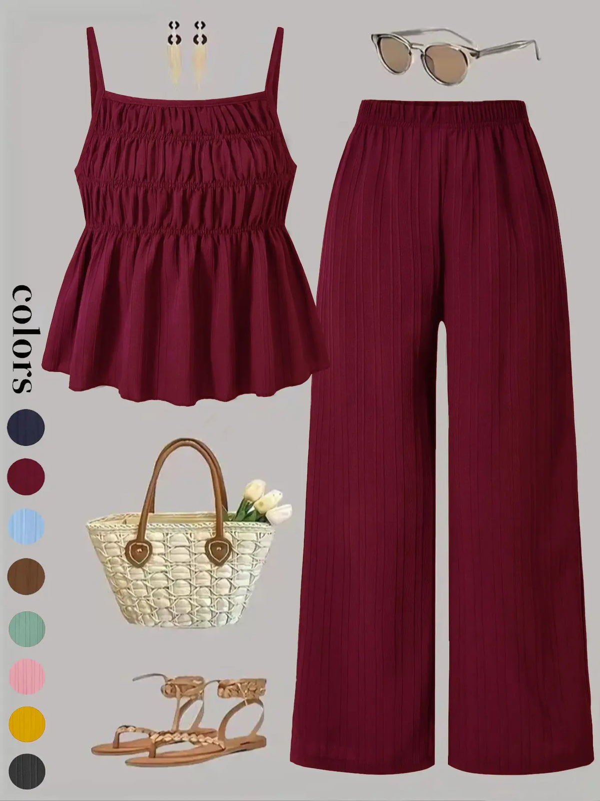 Two-Piece Set Women's Solid Color Cami Top & Wide Leg Pants Set, Street Fashion Casual Everyday Set Outfits for Daily Outdoor Wear, Ladies Clothes for All Seasons