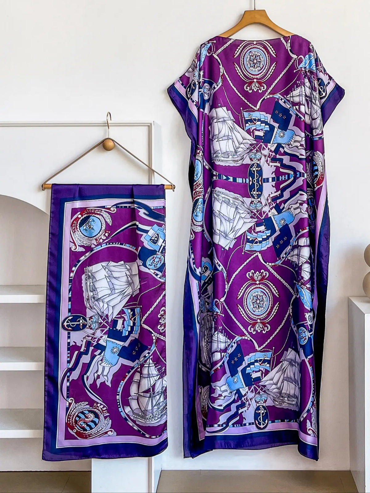 Elegant Dopamine Color Set, Boho Summer Chain Print Muumuu Long Dress Robe, Women's Sun Protection Satin Scarf Shawl
