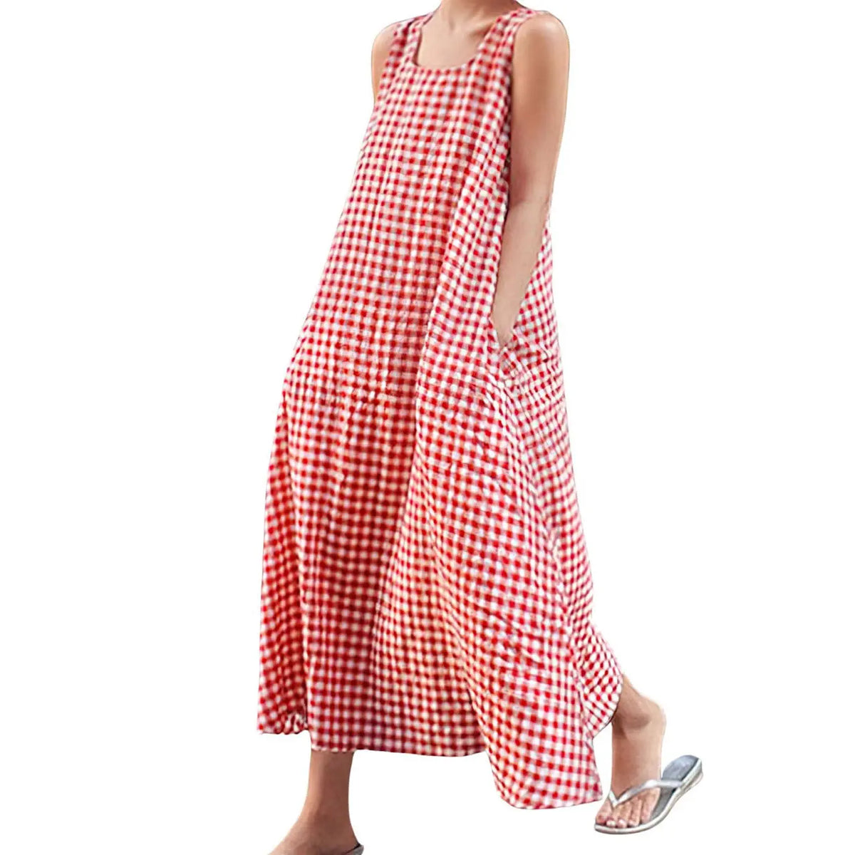 CHOUYATOU Boho Clothes for Women, Lady's Plaid Cotton Sundresses, Loose Fit Maxi with Spaghetti Straps and Pockets, Casual Wear, Chic, Sundresses For Women, Maxi Dress For Women