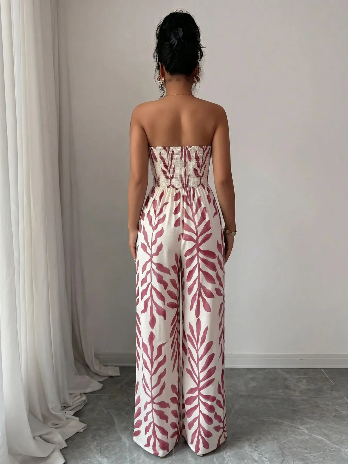 Breathable Flowy Wide Leg Geometric Printed Jumpsuit, Sleeveless Boho Style, Fit, High Waist, Leaf Print, Split Thigh Slit, Perfect for Beach, Work, Date Night