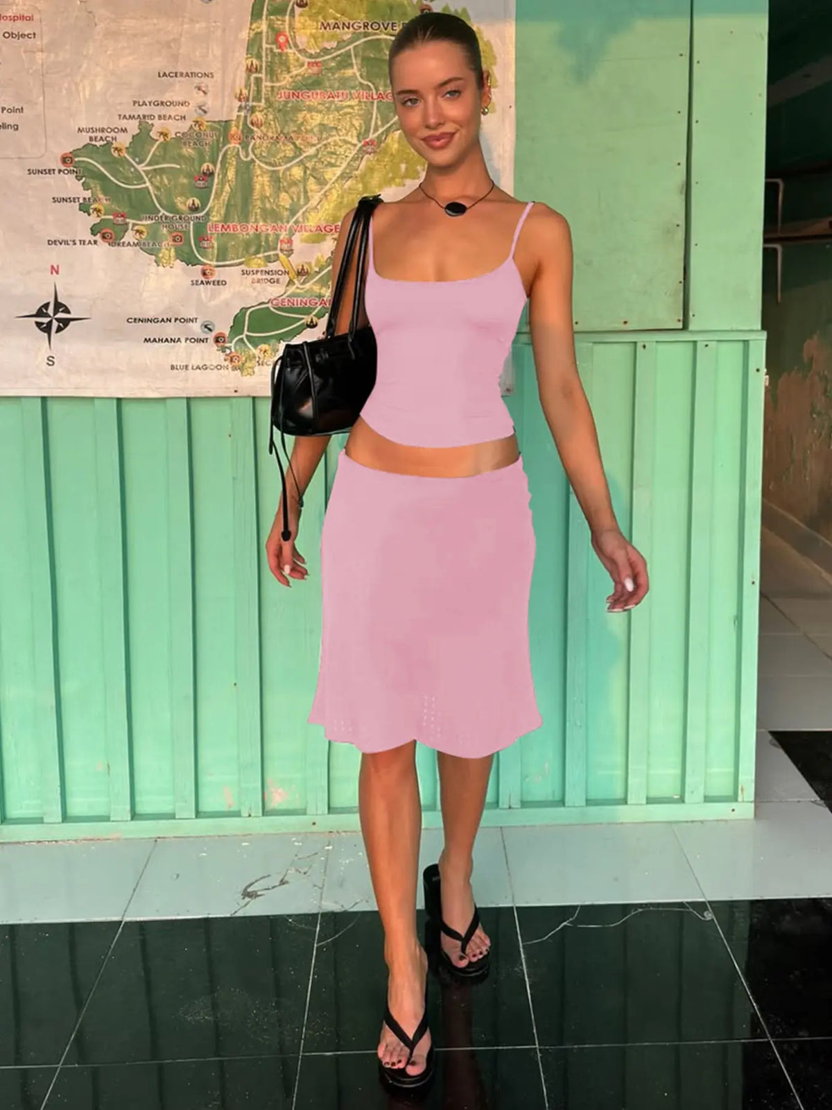 Women's Two-Piece Basic Solid Color Sleeveless Spaghetti Strap Short Cami Top & Skirt Set, Plain Backless Adjustable Strap Outfit for Party, Club and Date, Summer Clothes