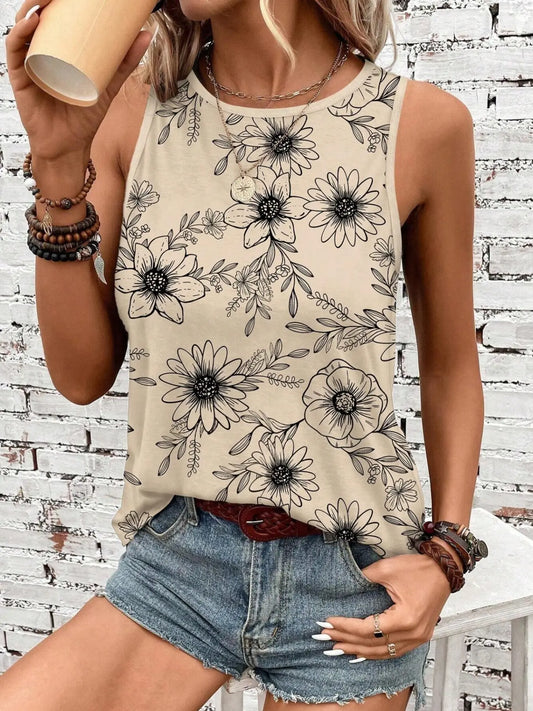 Summer Vacation Floral Print Sleeveless Round Neck Casual Top for Women, Slim-Fitting, All-over Print, Comfortable and Stylish, Boho Chic Sleeveless, Boho Casual Clothes