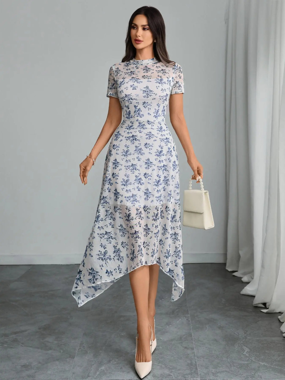 Women's Floral Rose Print Contrast Mesh Dress, Summer Dresses, Boho Floral Printed Casual Fitted Lettuce Trim Asymmetrical Hem A-Line Dress for Summer Beach and Holiday, Ladies Clothes for All Seasons, Womenswear #GLOBAL PICKS