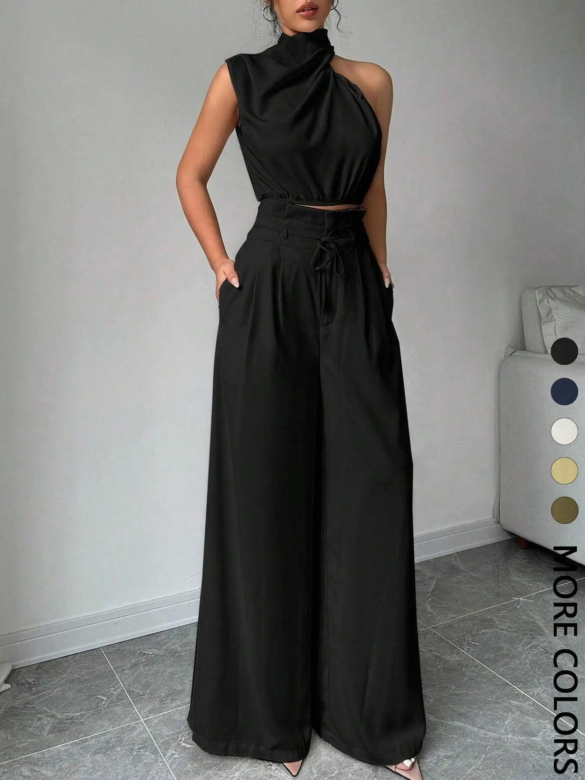 Women's Elegant Asymmetric Top + Wide Leg Pants Two-Piece Set, Everyday Casual Wear, Vacation, Work Commute, Versatile