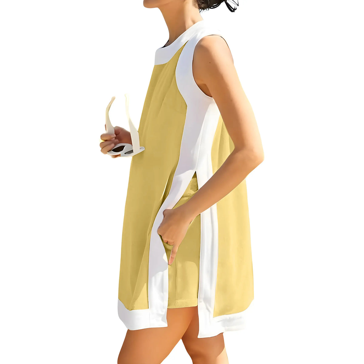 SCUSTY Women's Casual Summervibes Two Piece Sets Color Block Crewneck Sleeveless Pullover Tops Matching Shorts With Pockets 4th of July Independence Day Outfit