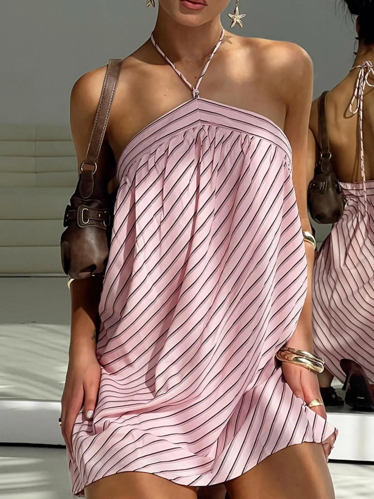 Women's Striped Print Halter Neck Dress, Casual Sleeveless Short Dress for Summer, Ladies Clothes for Daily Wear, Beach Summer Dress
